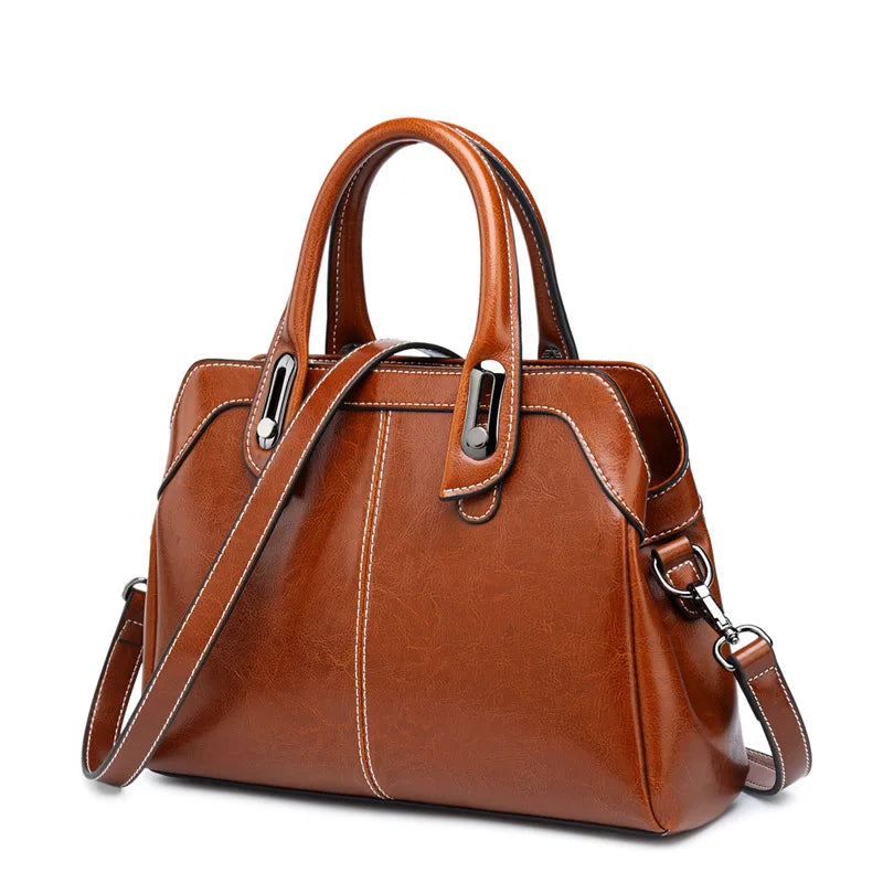 Genuine Leather Handbag-Oil Wax Cowhide Crossbody Tote