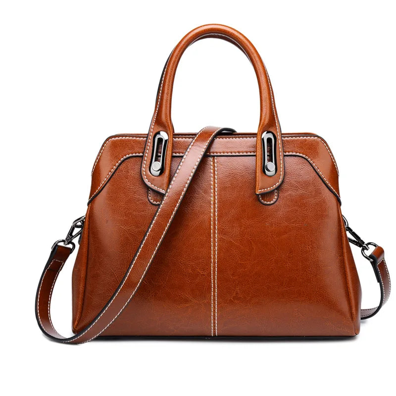 Genuine Leather Handbag-Oil Wax Cowhide Crossbody Tote