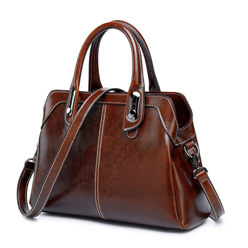 Genuine Leather Handbag-Oil Wax Cowhide Crossbody Tote
